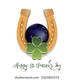 Happy St. Patrick's day. Horseshoe, clovers and bowling ball. Pattern design for logo, banner, poster, greeting card, party invitation. Vector illustration on isolated background