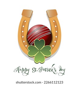 Happy St. Patrick's day. Horseshoe, clovers and cricket ball. Pattern design for logo, banner, poster, greeting card, party invitation. Vector illustration on isolated background