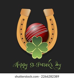 Happy St. Patrick's day. Horseshoe, clovers and cricket ball. Pattern design for logo, banner, poster, greeting card, party invitation. Vector illustration on isolated background