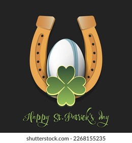 Happy St. Patrick's day. Horseshoe, clovers and rugby ball. Pattern design for logo, banner, poster, greeting card, party invitation. Vector illustration on isolated background