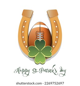 Happy St. Patrick's day. Horseshoe, clovers and football ball. Pattern design for logo, banner, poster, greeting card, party invitation. Vector illustration on isolated background