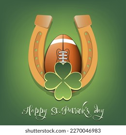 Happy St. Patrick's day. Horseshoe, clovers and rugby ball. Pattern design for logo, banner, poster, greeting card, party invitation. Vector illustration on isolated background