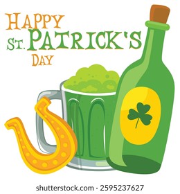 Happy St. Patrick's Day - horseshoe, green beer mug, shamrock,, beer bottle - lucky vector graphics	
