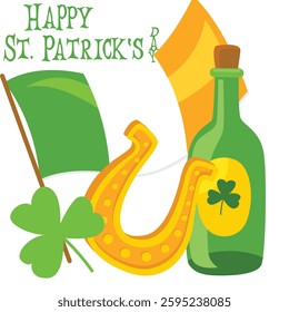 Happy St. Patrick's Day - horseshoe, green beer mug, shamrock, flag, beer bottle - lucky vector graphics