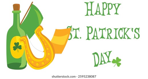 Happy St. Patrick's Day - horseshoe, green beer mug, shamrock, flag, beer bottle - lucky vector graphics