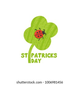 Happy St. Patrick's Day icon. Cute colorful fancy cartoon. Green shamrock clover leaf, ladybug, fancy letters. Irish Patrick holiday party event background, greeting card design. Vector illustration