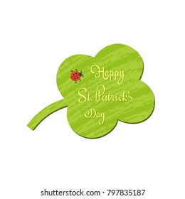 Happy St. Patrick's Day icon. Cute colorful fancy cartoon. Green shamrock clover leaf, ladybug, fancy letters. Irish Patrick holiday party event background, greeting card design. Vector illustration