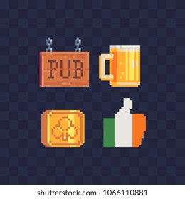 Happy St. Patrick's day icons. Pixel art set. Golden coin with clover. Mug of beer. Wooden signboard pub. Traditional Irish holiday. Greeting card or invitation design. Isolated vector illustration.