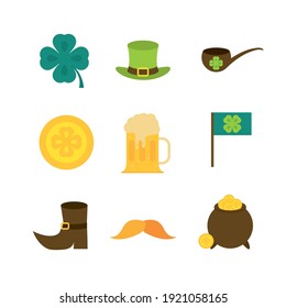 happy st patricks day icons clover pipe cauldron beer hat and coins flat vector vector illustration