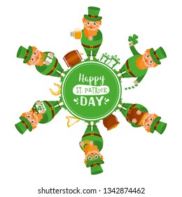 Happy St. Patrick's Day illustration. Saint Patrick's Day. Set of funny Leprechauns with inscription: «Happy Patrick's Day» on green frame. Banner, poster or greeting card template. 