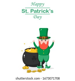 Happy St. Patricks Day illustration vector design with cartoon leprechaun character and bowl full of coins.