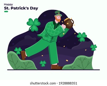 Happy St. Patrick's Day illustration with Leprechauns Cartoon character bring golden coin pot. Saint Patrick's Day Celebration. Flat illustration St Patrick Day. Suitable for banner, poster, web, card