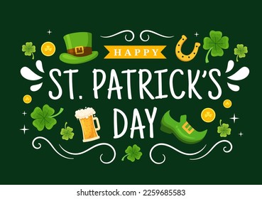 Happy St Patricks Day Illustration with Golden Coins, Green Hat, Beer Pub and Shamrock for Landing Page in Flat Cartoon Hand Drawn Templates
