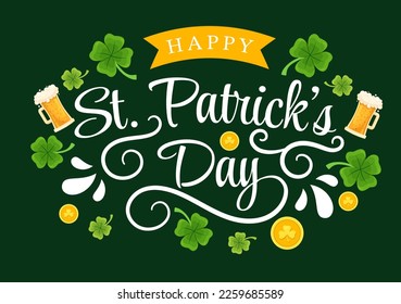 Happy St Patricks Day Illustration with Golden Coins, Green Hat, Beer Pub and Shamrock for Landing Page in Flat Cartoon Hand Drawn Templates