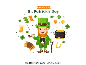 Happy St Patricks Day Illustration with Kids, Golden Coins, Green Hat, Leprechauns and Shamrock in Flat Cartoon Hand Drawn for Landing Page Templates