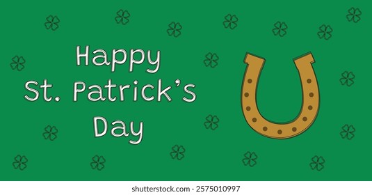 Happy St Patricks Day illustration featuring a lucky horseshoe and shamrocks for greeting cards, banners, or festive decorations.