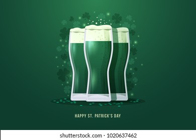 Happy St. Patrick's day. Image of three glasses of beer with clover leaves on green background. Design concept for poster, banner, invitation, party, restaurant and bar menu. Vector illustration.