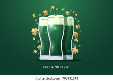 Happy St. Patrick's day. Image of three glasses of beer with gold clover leaves on green background. Vector illustration.