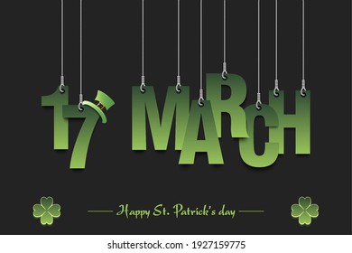 Happy St. Patricks day. Inscription 17 march hanging on strings on an isolated background. Pattern for greeting card, logo, banner, poster, party invitation. Vector illustration