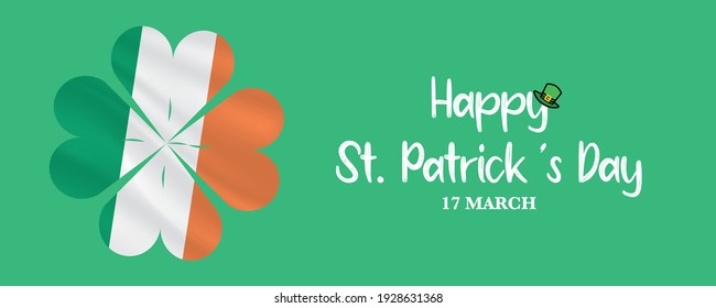 Happy St. Patricks day. Irish flag and congratulatory message in clover. Irish chap. Irish National Holiday. Vector illustration isolated on white background. Banner design.