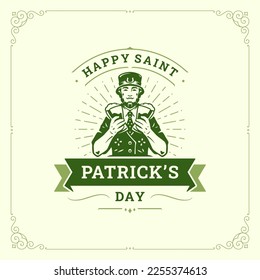 Happy St Patrick's Day Irish beer holiday vintage greeting card typographic template vector flat illustration. Celtic festive man lucky horseshoe leprechaun with malt ale foamy alcohol beverage