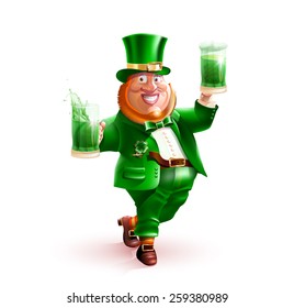 Happy St. Patrick's Day! Isolated vector cartoon character Irish leprechaun in a green suit and hat with shamrock on his chest, a red beard, smile, with beer and ale in hand on white background
