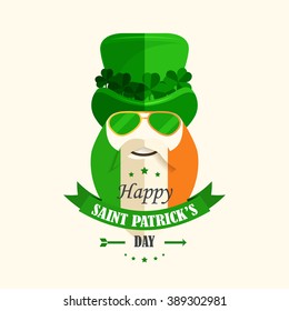 Happy St. Patrick's Day! Isolated vector cartoon character Irishman in hat with shamrocks, beard painted in color flag of Ireland, smile, lettering green ribbon in flat style on beige background