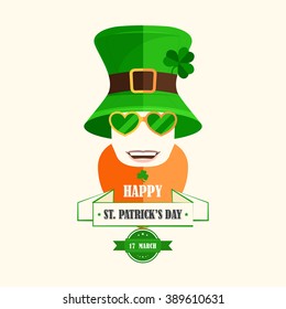 Happy St. Patrick's Day! Isolated vector cartoon character Irishman in hat with shamrocks, beard painted in red color, smile, lettering green ribbon in flat style on beige background