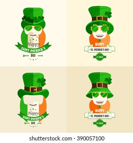 Happy St. Patrick's Day. Isolated set vector cartoon characters Irishmen hat with shamrocks, beard red color or flag of Ireland, smile, lettering green ribbon flat style  beige background