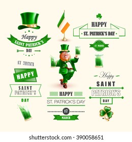 Happy St. Patrick's Day. Isolated set vector cartoon character Irishman hat with shamrocks, beard red color, flag of Ireland, smile, lettering green ribbon realistic style  beige background