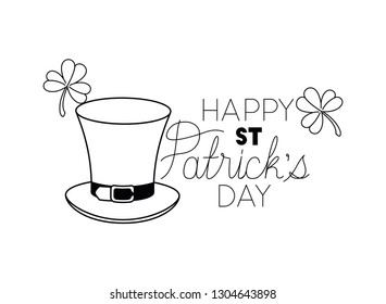 happy st patrick`s day label with clover and elf hat icons