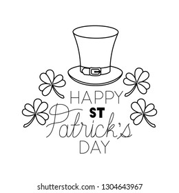 happy st patrick`s day label with clover and elf hat icons