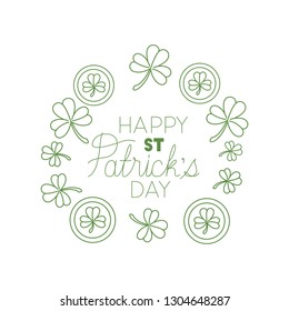 happy st patrick`s day label with clover and elf hat icons