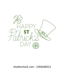 happy st patrick`s day label with clover and elf hat icons