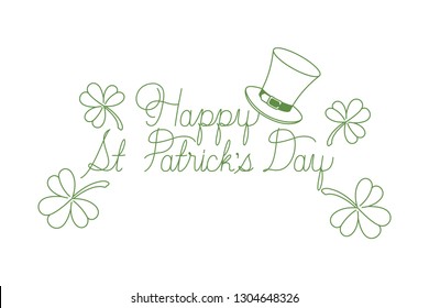 happy st patrick`s day label with clover and elf hat icons