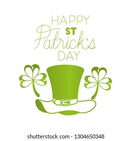 happy st patrick`s day label with clover and elf hat icons