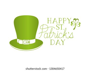happy st patrick`s day label with clover and elf hat icons