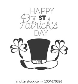 happy st patrick`s day label with clover and elf hat icons