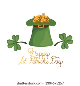 happy st patrick`s day label with leprechaun hat icons