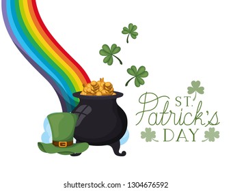 happy st patrick`s day label with leprechaun cauldron