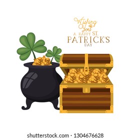 happy st patrick`s day label with leprechaun cauldron
