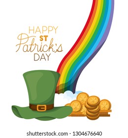 happy st patrick`s day label with rainbow icons