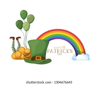 happy st patrick`s day label with rainbow icons