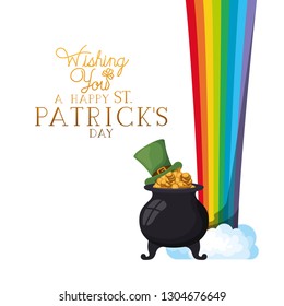 happy st patrick`s day label with leprechaun cauldron