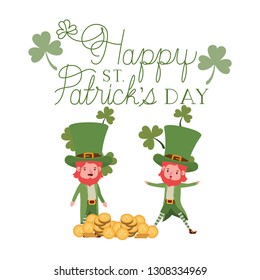 happy st patricks day label with leprechauns character