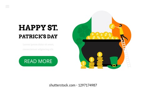 Happy St. Patrick's Day. Landing page template. Card with pot of gold, ireland flag and man with coin. Flat vector illustration for web design.