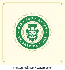 Happy St Patrick's Day laughing leprechaun portrait vintage greeting card typographic template vector flat illustration. Irish festive fairy tale bearded character in hat circle green badge design