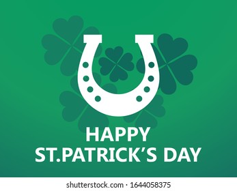 Happy St. Patrick's Day. Leaf clover and horseshoe on green background. Vector illustration