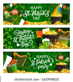 Folletos del día Happy St. Patricks con letras. Fiesta de primavera irlandesa, celebrada el 17 de marzo, símbolos arpa, bandera de Irlanda, tambor y sombrero. Arcoiris vectorial, cerveza de los leprechaun, olla de monedas de oro