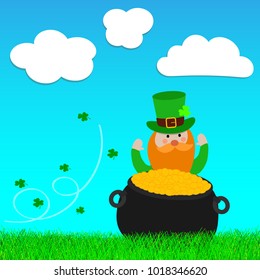 Happy St. Patrick's Day Leprechaun behind the pot of gold on the grass concept of postcard vector illustration